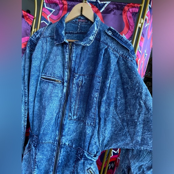 Vintage Beret Boiler Suit Jumpsuit Denim Acid Wash Zip Batwing Dolman 80s Jean - Picture 4 of 15
